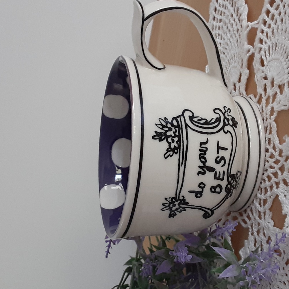 Molly Hatch Anthropologie DO YOUR BEST B&W Text Purple White Dots Cup Mug 12 oz